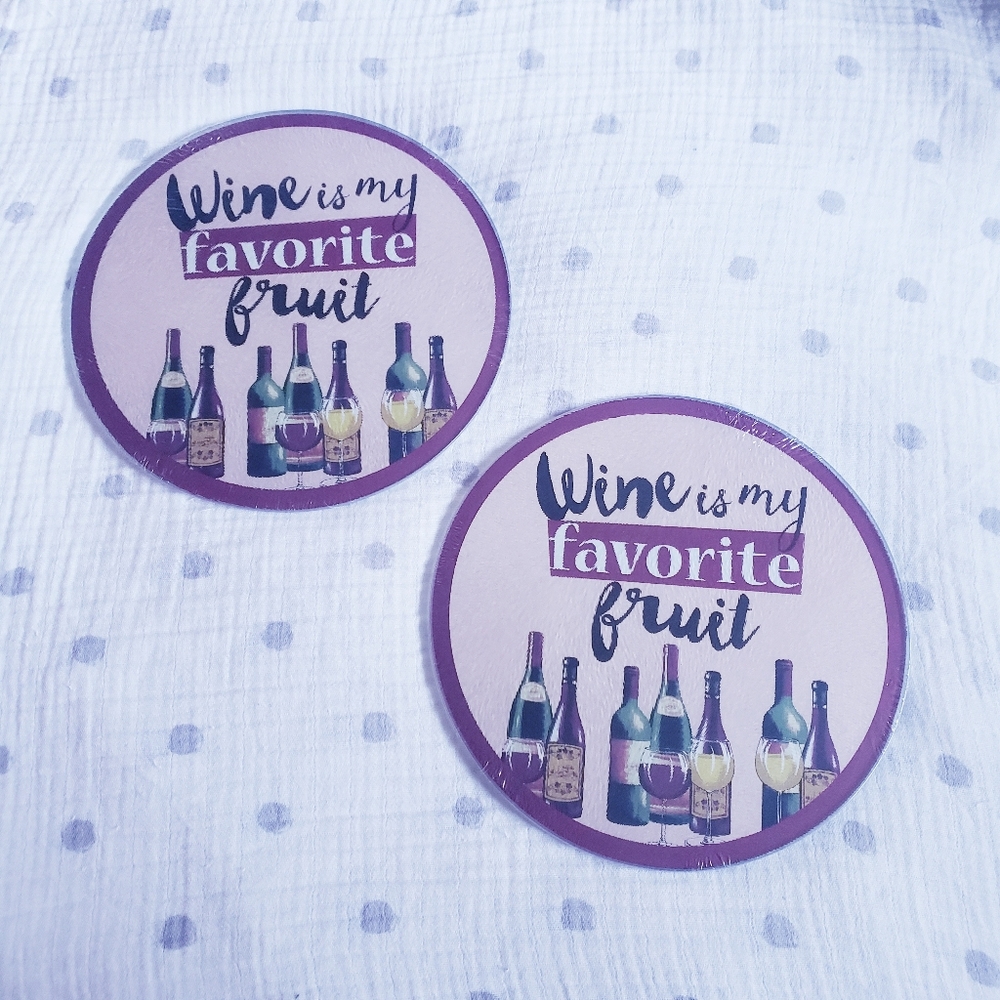 Set of 2 Rounded Decorative "Wine is My Favorite Fruit" Glass Cutting Boards.NWT